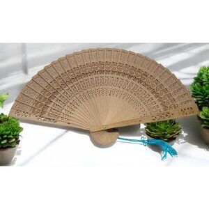 Vintage Handheld Wooden Folding Fan Die Cut Intricate Floral Design Blue Tassel